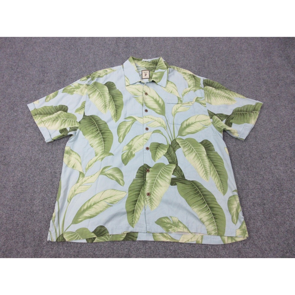 Jamaica Jaxx Shirt Mens 2XL Blue Leaf Print Short Sleeve Silk Hawaiian Aloha